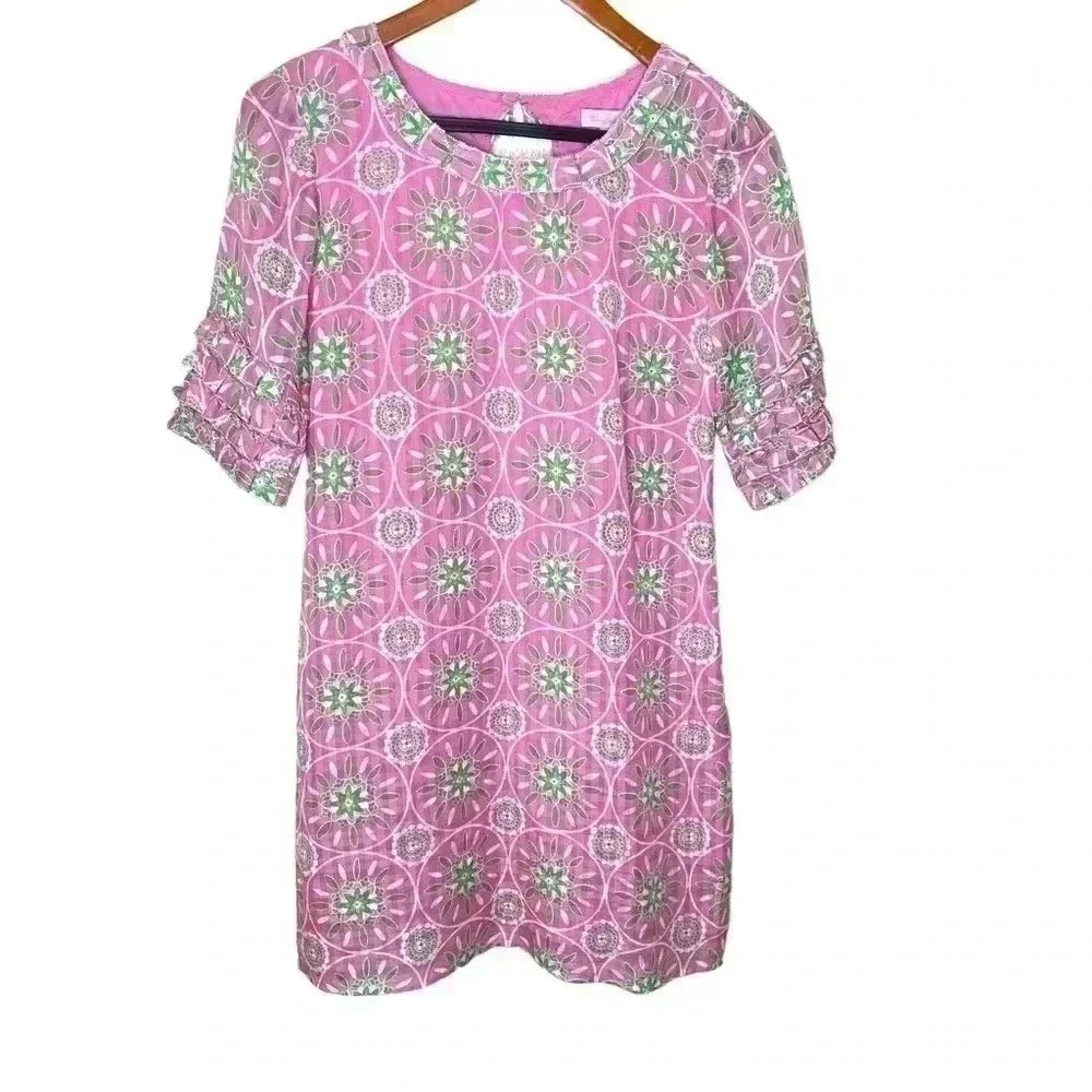 Lilly Pulitzer pink and green silk blend ruffle sleeve mod 60s midi dress size 0